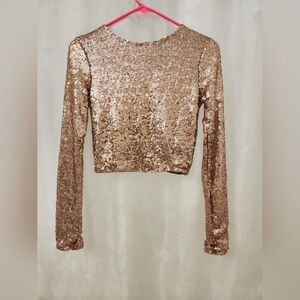 Mind Code Rose Gold Sequin Long Sleeve Crop Top